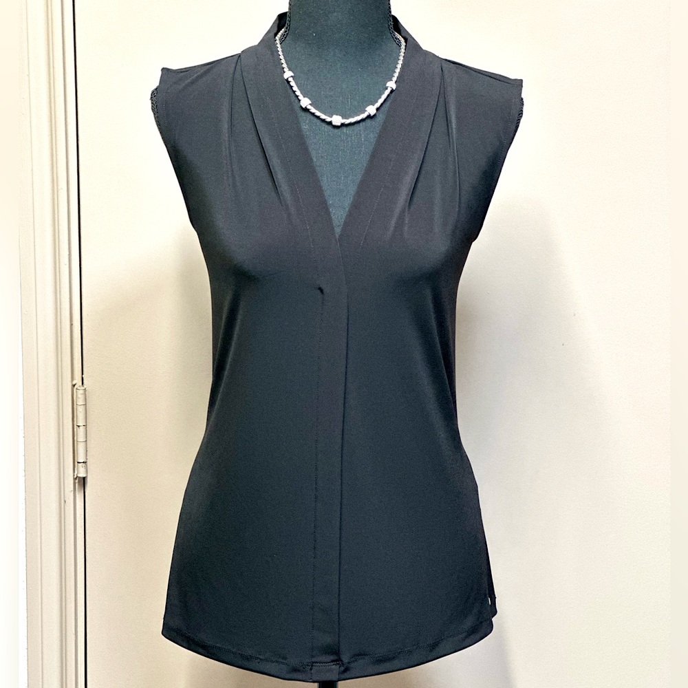 CALVIN KLEIN COLLECTION Black Sleeveless Pleated V-Neck Shell Tank, Size XL